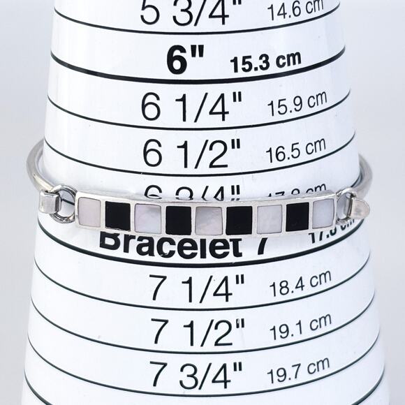 Vintage Thailand ATI Sterling Silver 925 Mother of Pearl Onyx Inlay Bangle 6.75" - Picture 7 of 10